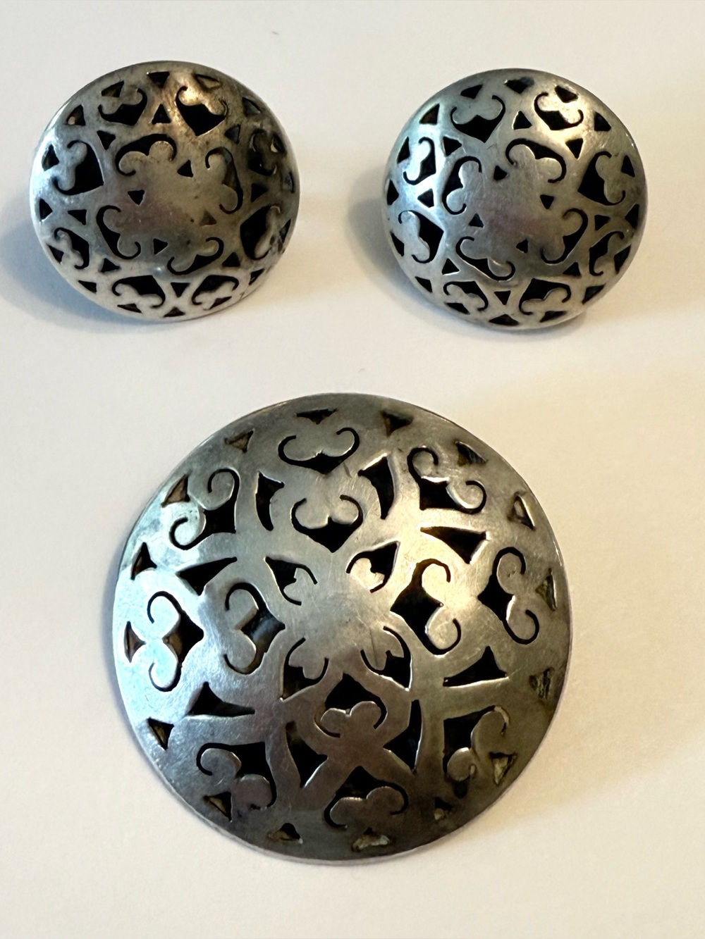 Vintage 925 Sterling Silver Openwork Modernist Brooch Pendant Earrings Mexico